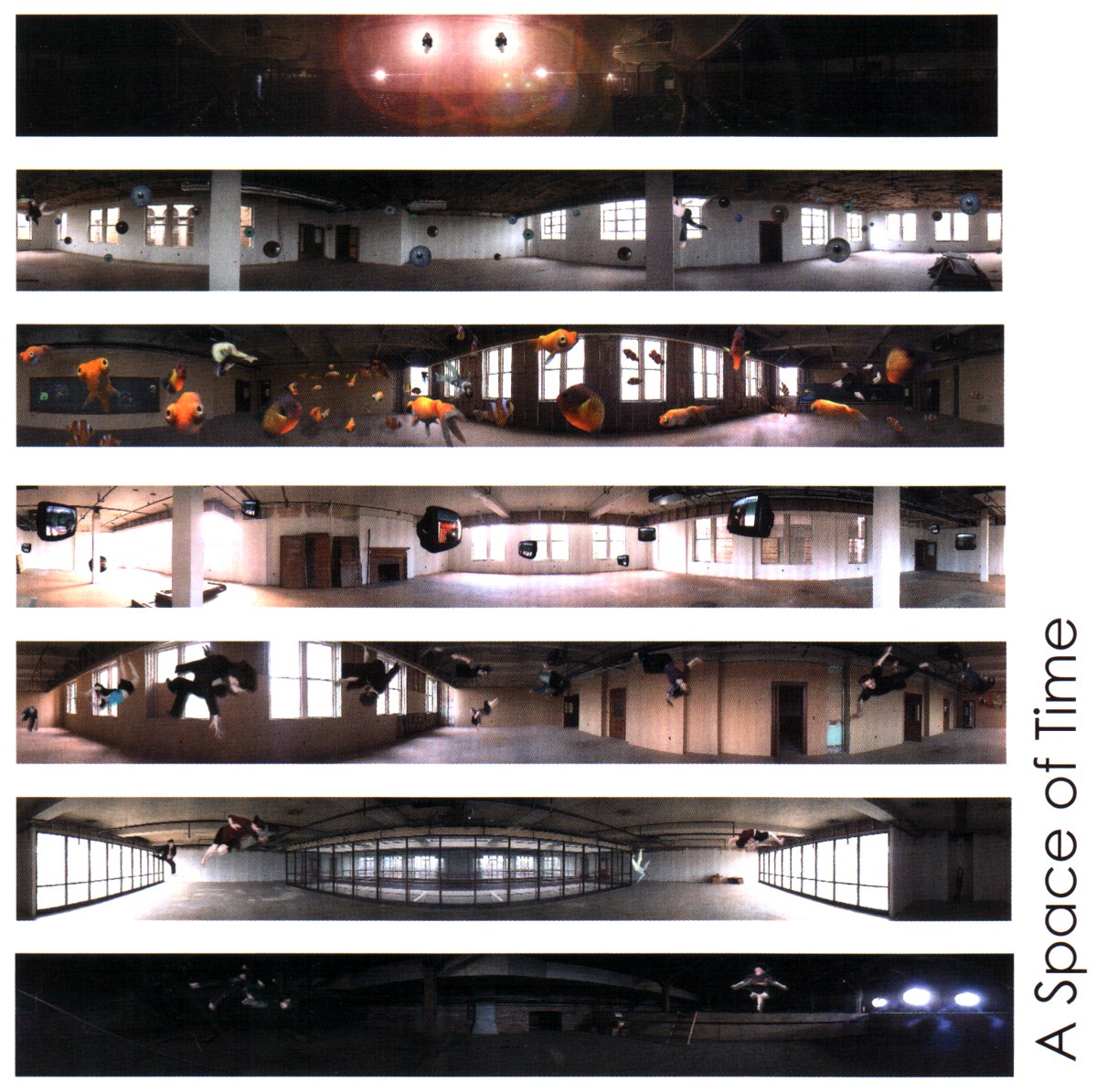 The A Space of Time CD-ROM cover — seven stacked 360-degree panorama strips of a century-old hall, goldfish and figures suspended in the air, the title set vertically at the right.