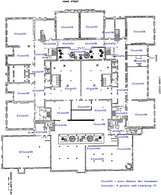 Ground floor plan of the building, rooms labeled and annotated in blue Courier type.