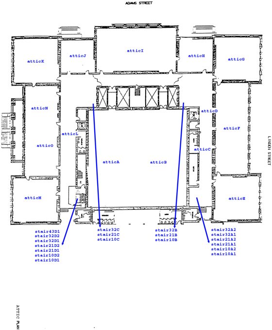 Top floor plan, marked with the blue tracking paths of viewers moving through the space.