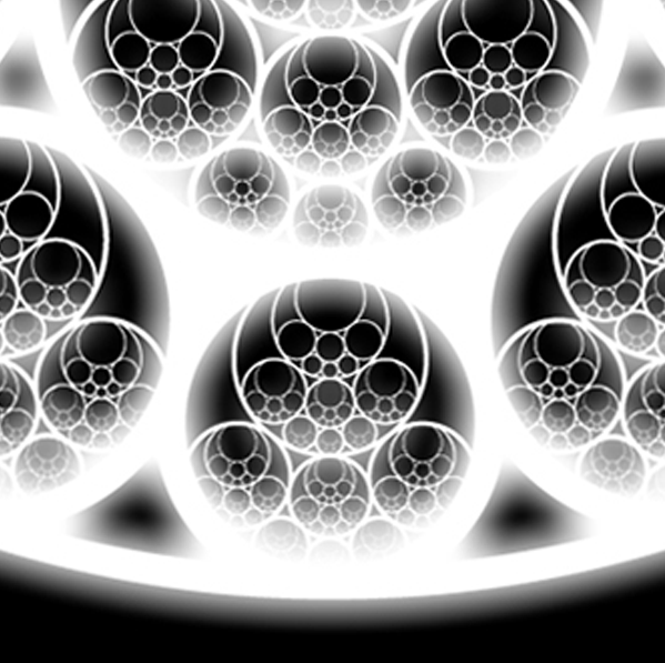 Black-and-white fractal of circles nested within circles, converging toward a point.