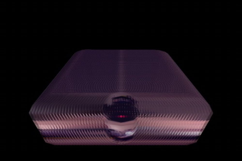 A 3-D render on black: a dense block of stacked panoramas with one highlighted at its center — the mesh.