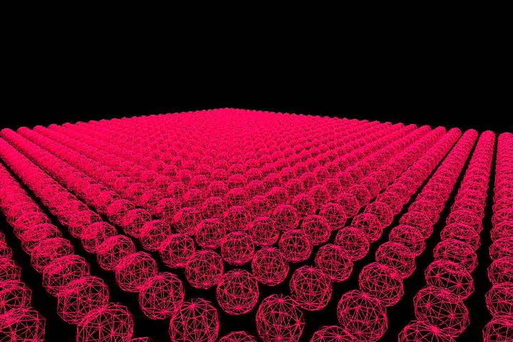 A 3-D render on black: a field of wireframe spheres receding toward the horizon — the mesh seen from within, walkable.