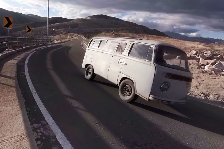 A still from Uku Pacha — a vehicle on an Andean road.