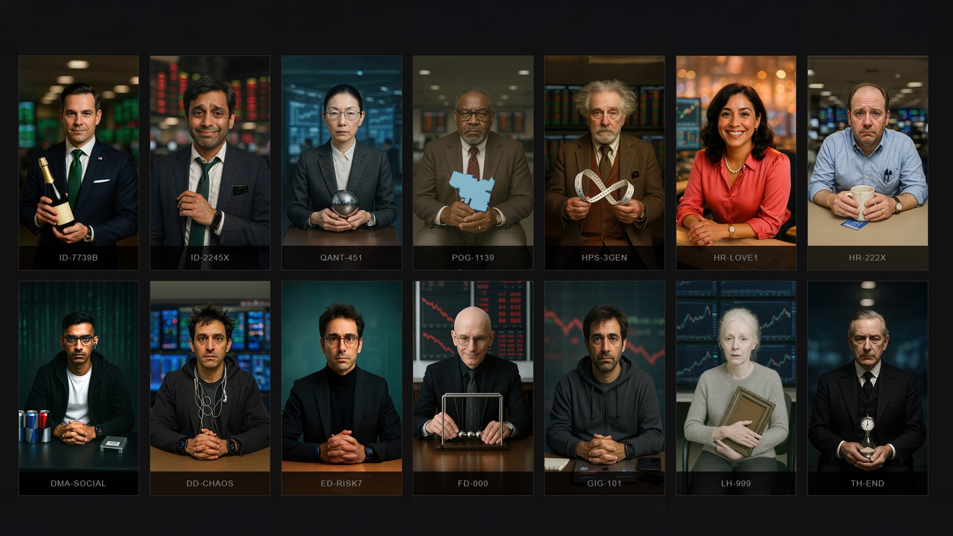 The market's roster — fourteen algorithmic traders as portraits, each on a trading-floor ground, each holding an object.