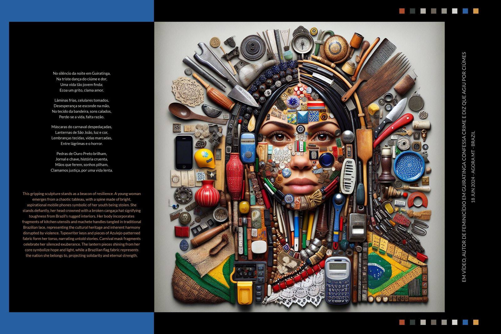 A memorial poster from Requiem Diurnus: a face composed entirely of symbolic objects — kitchen utensils, lace, a knife, a phone, keys, the Brazilian flag — beside a poem in Portuguese. A single case from Guiratinga, Brazil, June 2024.