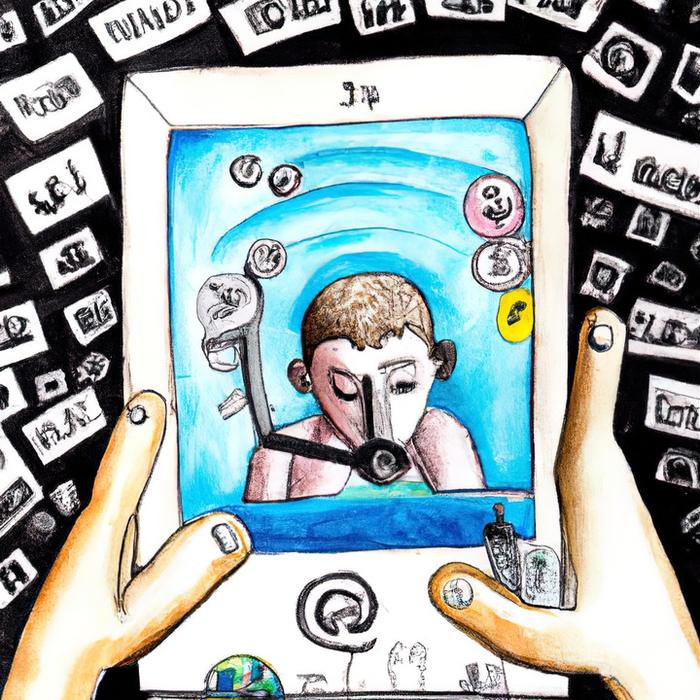 A child's face absorbed in a tablet, surrounded by a wall of small black-and-white screens.