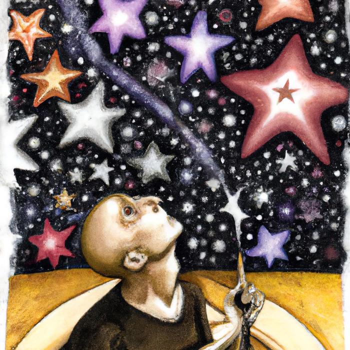 A small figure looking up at a night sky crowded with stars shaped like celebrity stars.