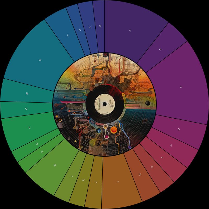The alphabetical view of the same sunburst index: slices grouped A to Z on black.