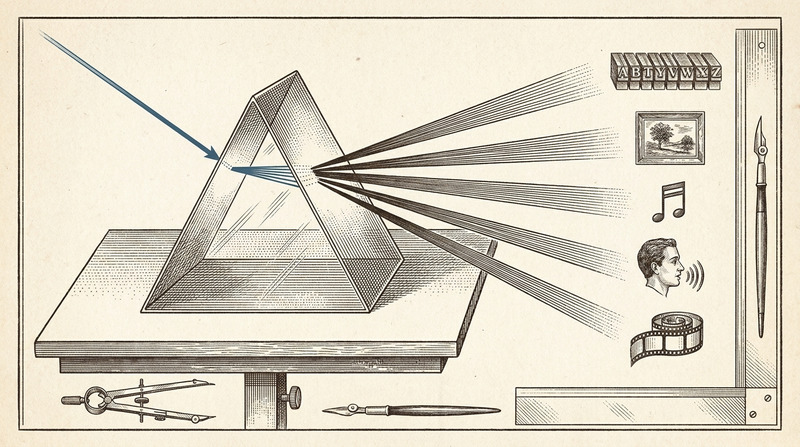Engraved plate: a beam entering a prism on a drafting table, fanning into five media — type, image, music, voice, film.